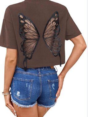 Brown Butterfly Back Cutout Crop Top Tee Fairy Grunge Aesthetic XS NWT
